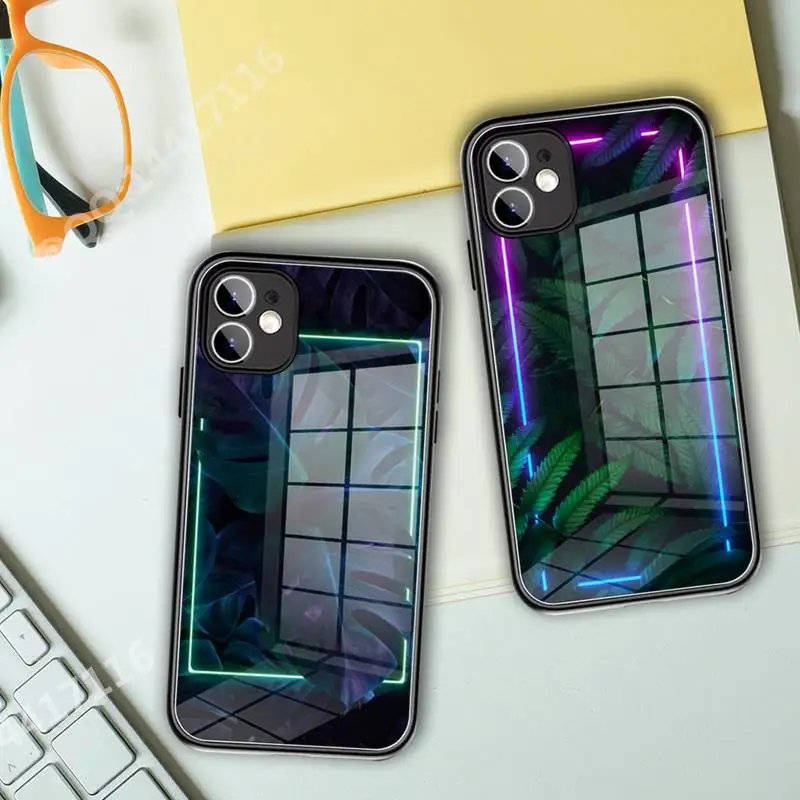 

Green Neon Frame Plant Leaves Phone Case Glass For iPhone 13 11 Pro XR XS MAX 8 X 7 Plus 12 Mini phone Full Coverage covers