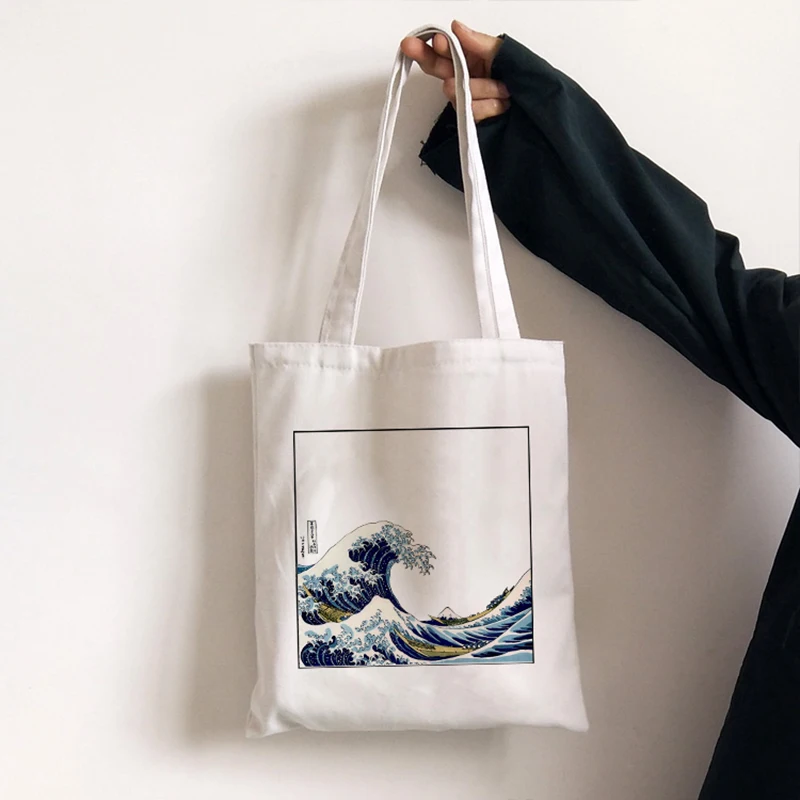 Сумка на плечо женская холщовая с японским принтом большая винтажная