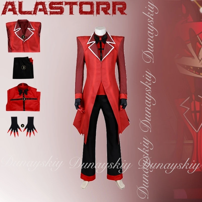 Фото Hazzzzzbin Hotel Alastor Косплей Lord of Sinners Красное пальто Красный короткий парик Хэллоуин Полный комплект №2