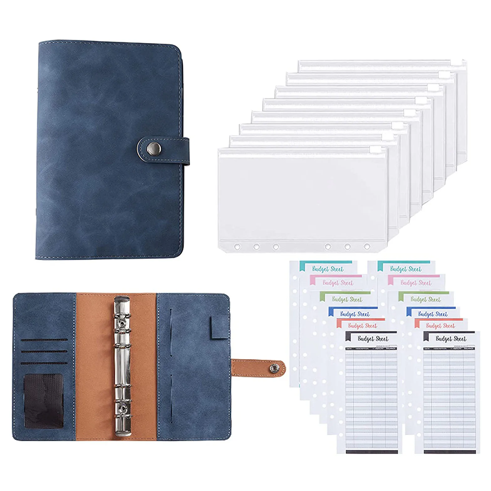 

Папка для блокнотов A6 из искусственной кожи с 8 карманами на молнии, 12 бюджетными листами, многоразовая, 6 колец