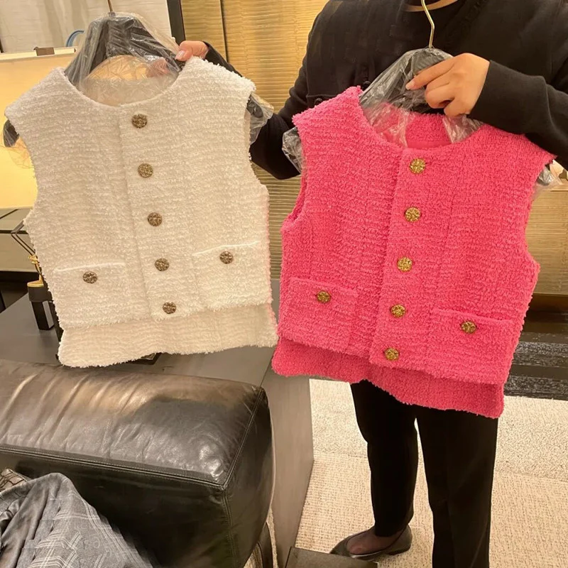 

Casual jacket,2023 new,Summer Small Fragrance Short Sleeveless Pink Double Breasted Vest Women Luxury Versatile Tweed Vest Loose
