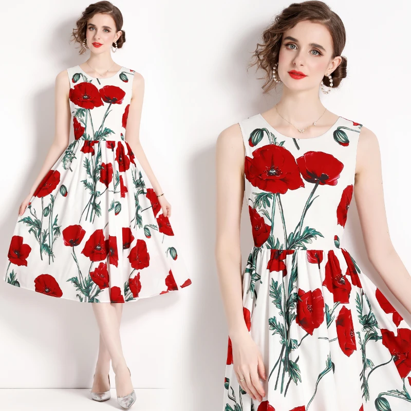 

Women's New Summer Korean High-end Temperament Round-neck Sleeveless Slim Vintage Print Fashion Mid-length Large Swing Dress