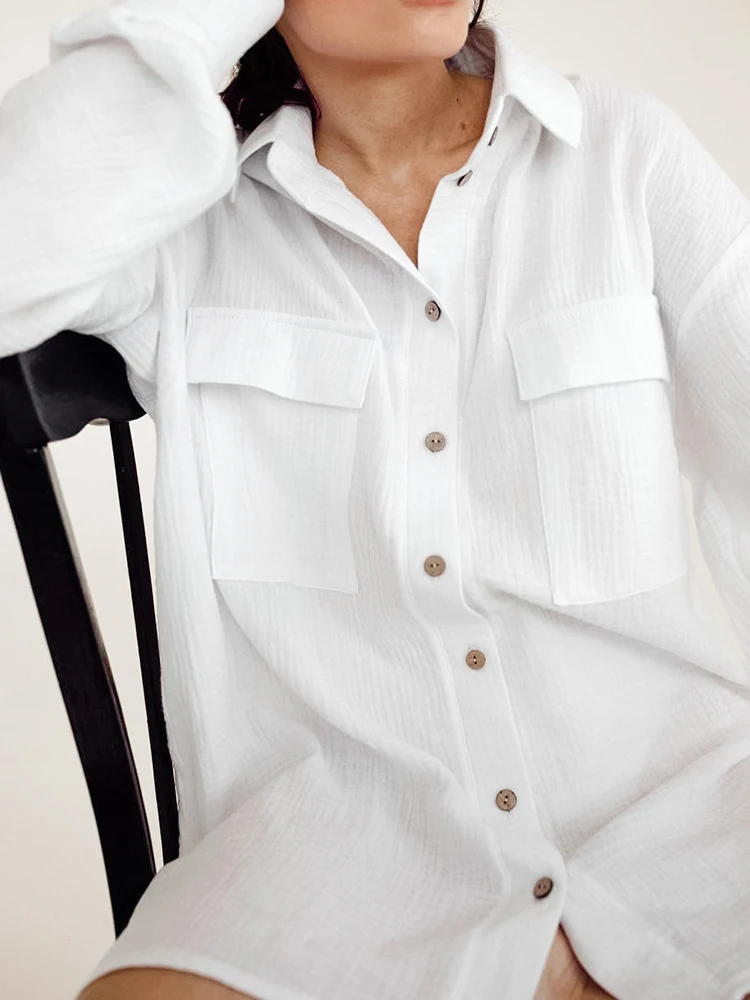 Свободная белая Хлопковая пижама Hiloc с карманами длинным рукавом женские платья