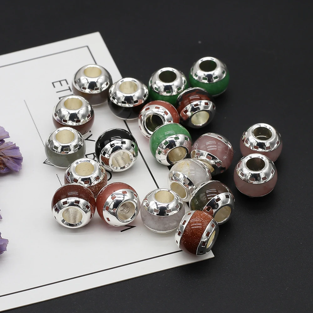 

Natural Stones Agate Large Hole Bead Silver Rim Rose Quartz Ladies Pendant Making DIY Necklace Bracelet Jewelry Gift Accessories