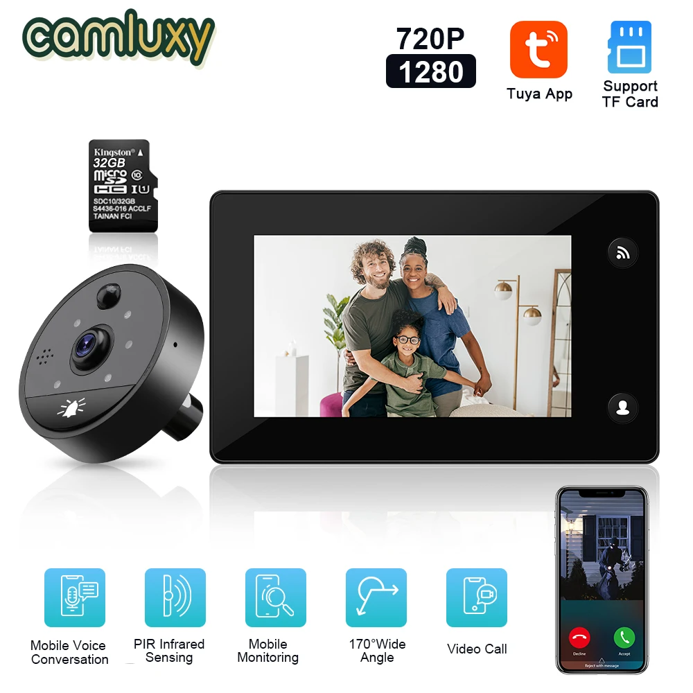 Camluxy 4.3 Inch Tuya Wifi Peephole Doorbell Camera 170° Night PIR Motion Detection Video Door Bell Wireless 1080P Smart Home