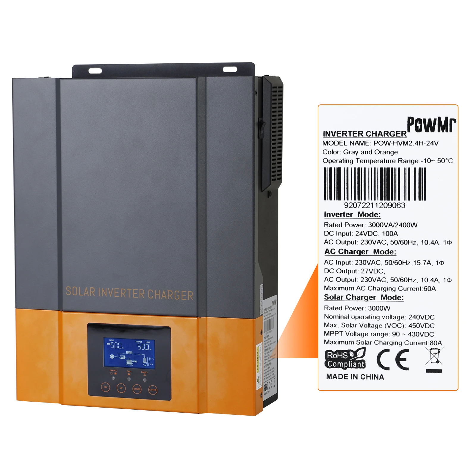 PowMr 3KVA/2400W Hybrid Solar Inversor 24V Battery Charger Built-in MPPT 80A 230VAC Output PV Max 450VDC Inverter - купить по