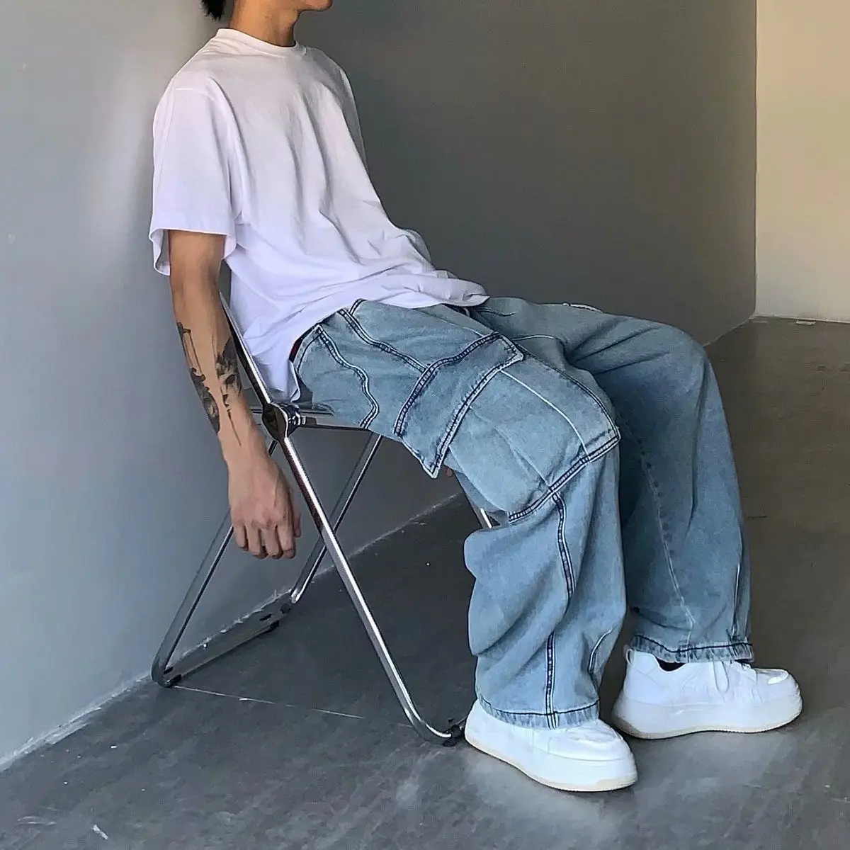 Denim Trousers Male Jeans Denim Cargo Pants Baggy Wide Leg Jeans Casual Autumn Winter Korean Streetwear Hip Hop Cowboy