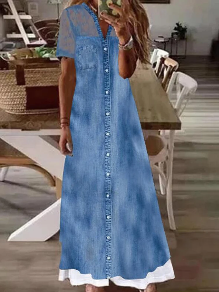 

Fashion Print Single Row Button Slim Long Dress Summer Elegant Short Sleeve A-line Dress Women New Lace Stitching Denim Dress
