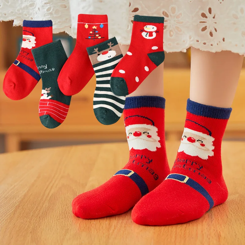 5 Pairs,Children's Socks Autumn and Winter Girls Boys Tube Socks Cartoon Santa Claus Baby Cotton Socks