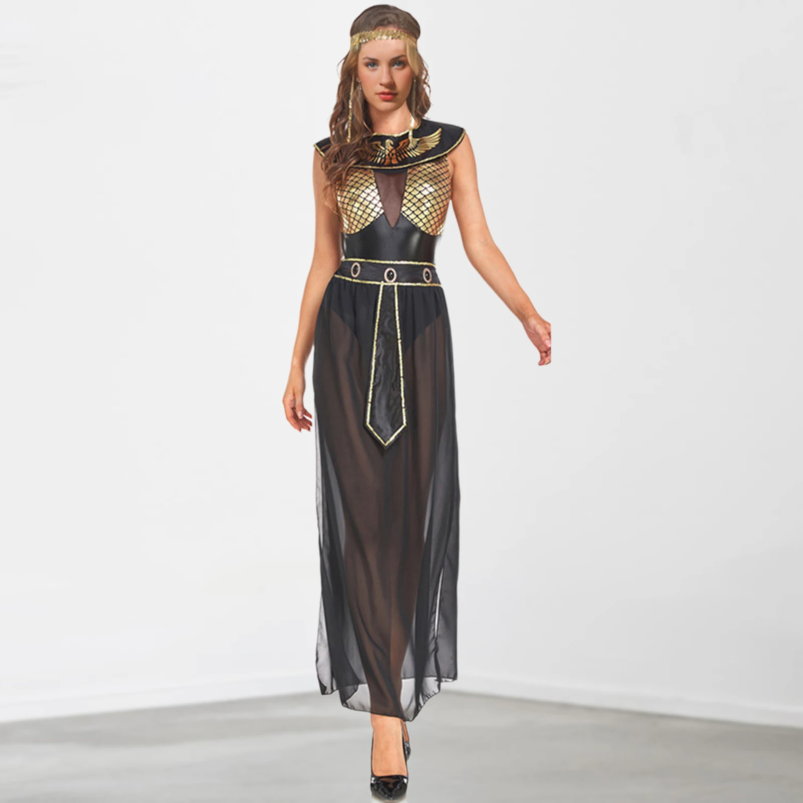 

See Through Queen Cleopatra Costume Ethnic Style Women Halloween Cosplay Dress Zipper Closure with Belt Party Clothing