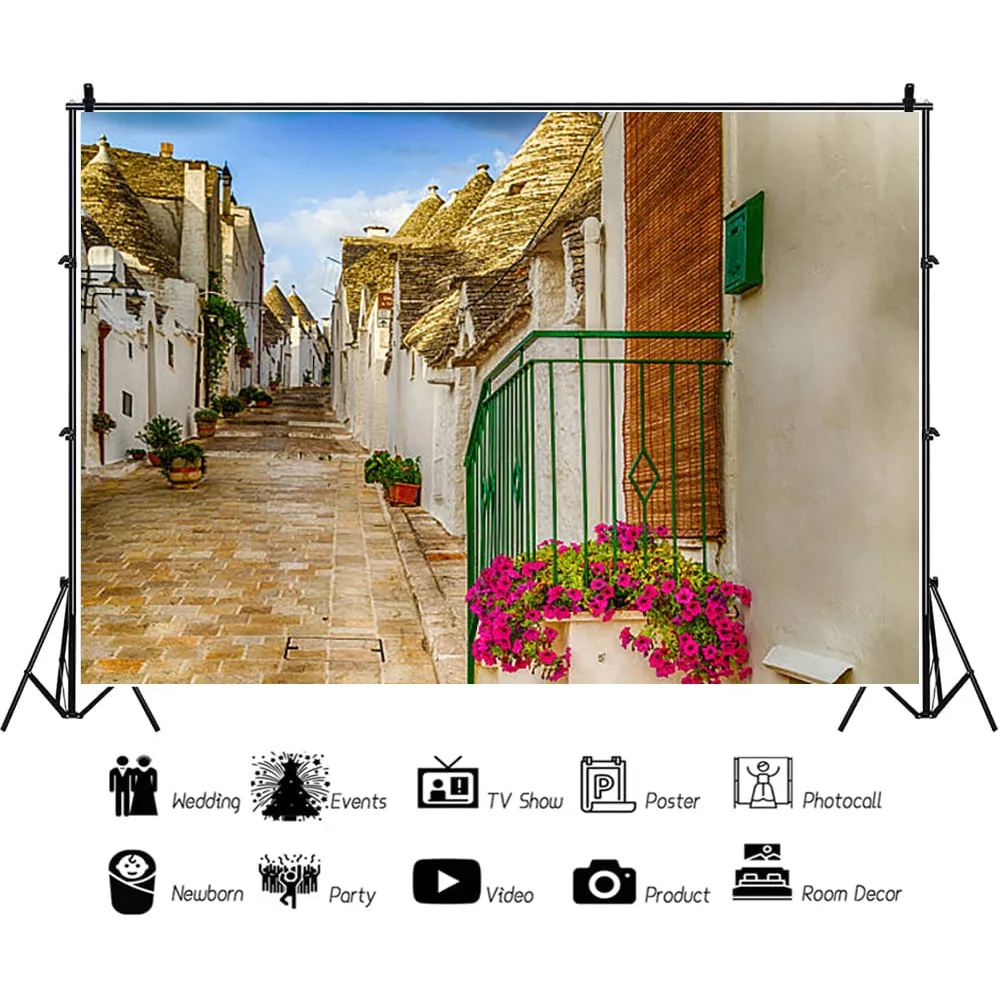 NITREE Green Plants and Traditional Houses Spring Flowers Streets of the Small Town Photography Background Prop XZ-03