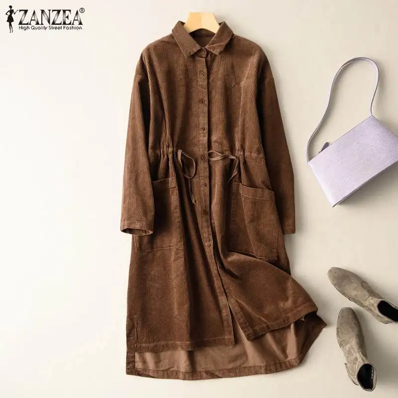 

Женское винтажное вельветовое платье ZANZEA, модное однотонное платье-рубашка, осеннее платье миди с длинным рукавом, повседневные офисные пл...