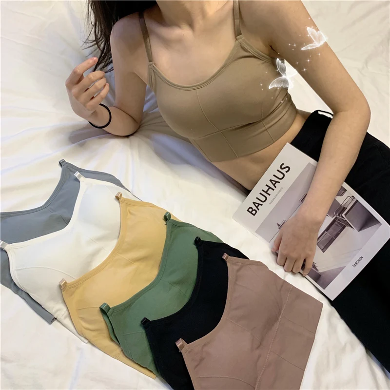 

Sexy solid crop tops sports spaghetti strap tanke top women built in bra off shoulder sleeveless omighty camisole With chest pad