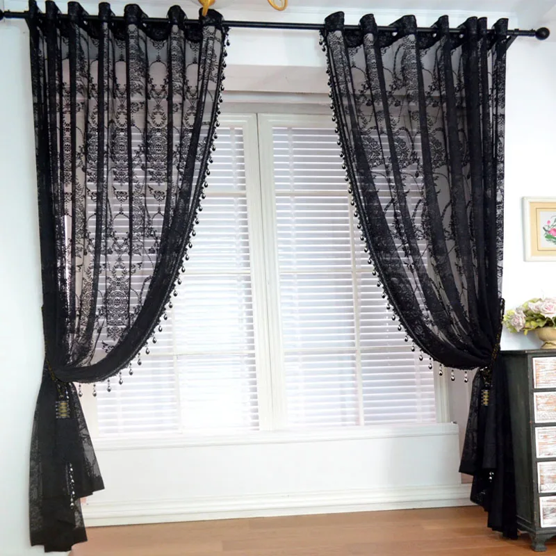 

Black Ruffled Lace Sheer Curtains for Kitchen Farmhouse Crystal Beads Mesh Wedding Background Jacquard Floral Window Drapes