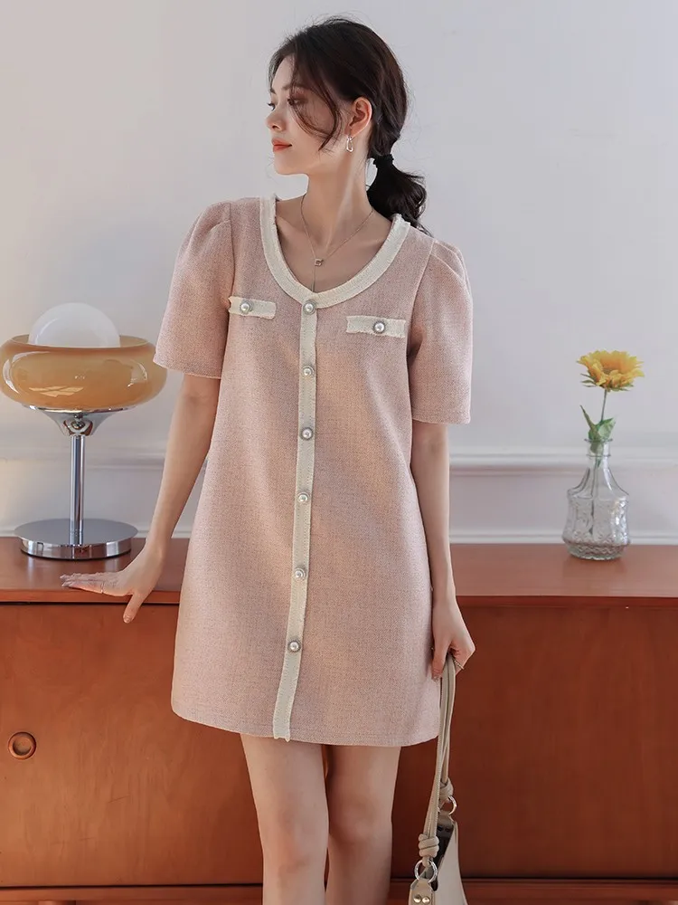 

New Arrival Summer Korean Small Fragrance Short Sleeve Elegant Sweet Slim Chic Pink White Mini Luxury Stripe Dress Vestido