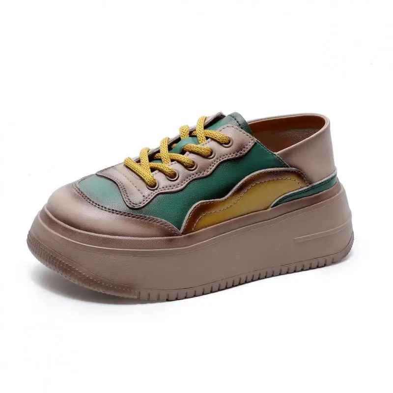 

YourSeason Ladies Genuine Leather Shoes Mixed Colors Lace-up 2022 New Platform Heels Round Toe Fashion Sewing Women Pumps