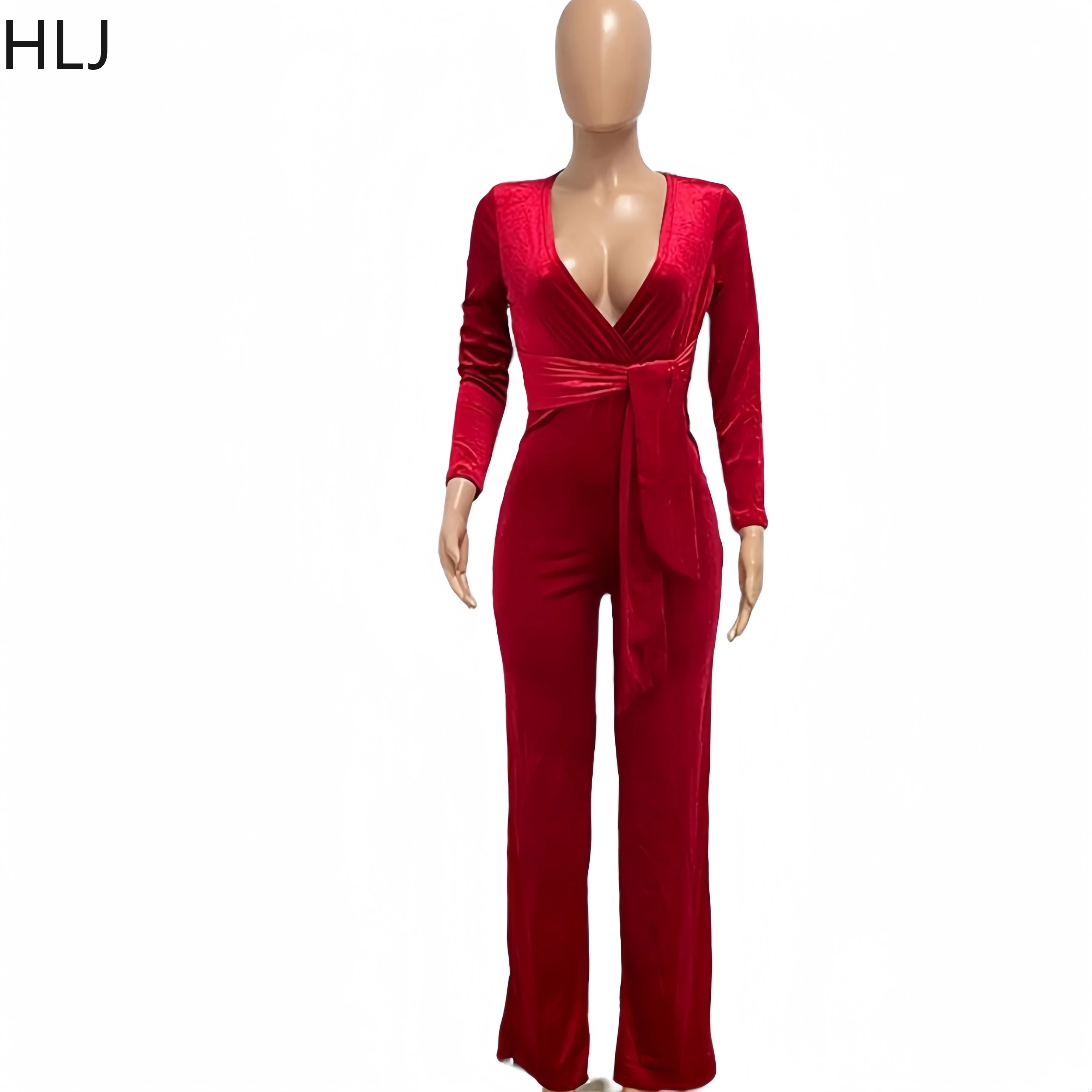 Женский бархатный комбинезон HLJ Элегантный слитный с глубоким V-образным вырезом