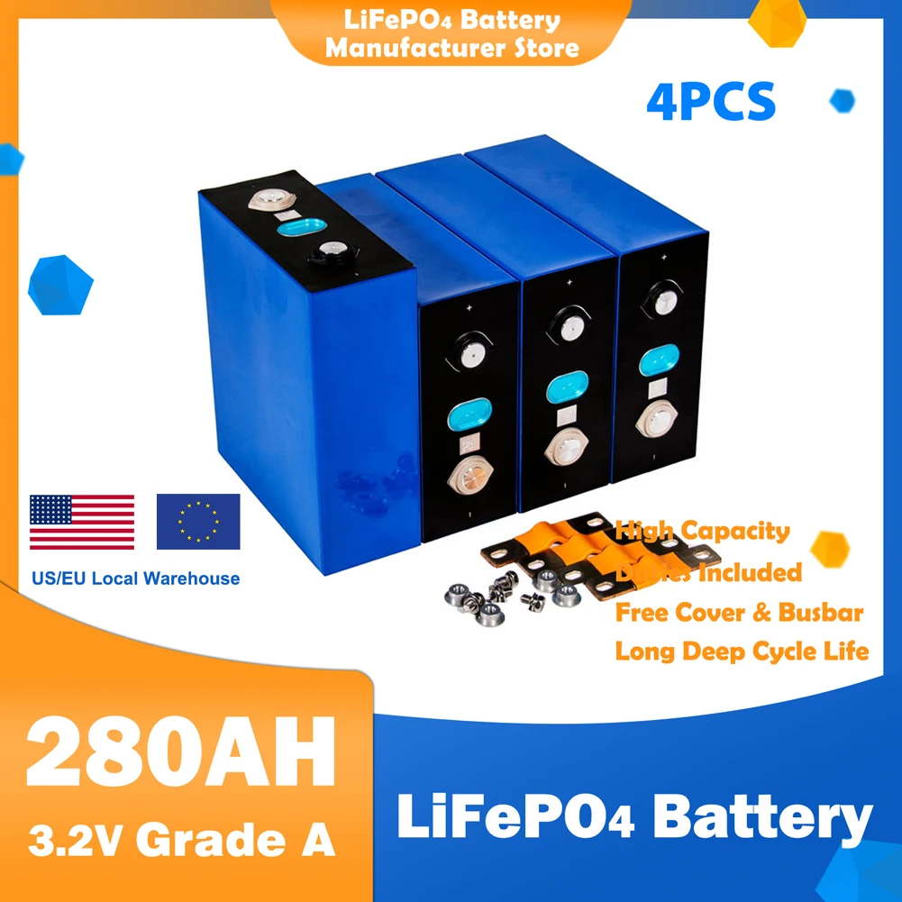 

4PCS LiFePO4 280Ah 3.2V 200AH Rechargeable Deep Cycle Battery Fully Match Lithium Iron Phosphate Cell DIY Solar Energy Storage