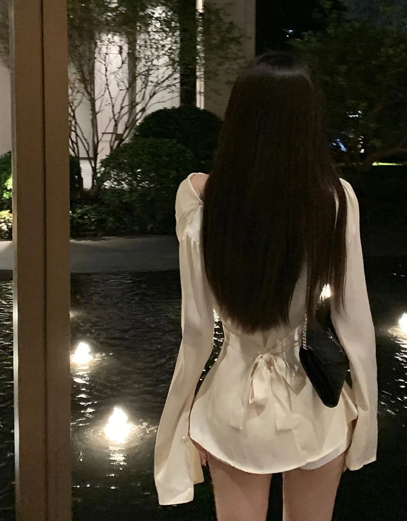 Рубашка Женская атласная с длинным рукавом однотонная плиссированная блуза