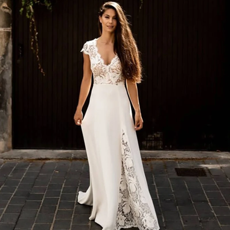 

Женское атласное свадебное платье, кружевное платье-трапеция в стиле бохо с открытой спиной и V-образным вырезом, аппликация с коротким рукавом, 2023