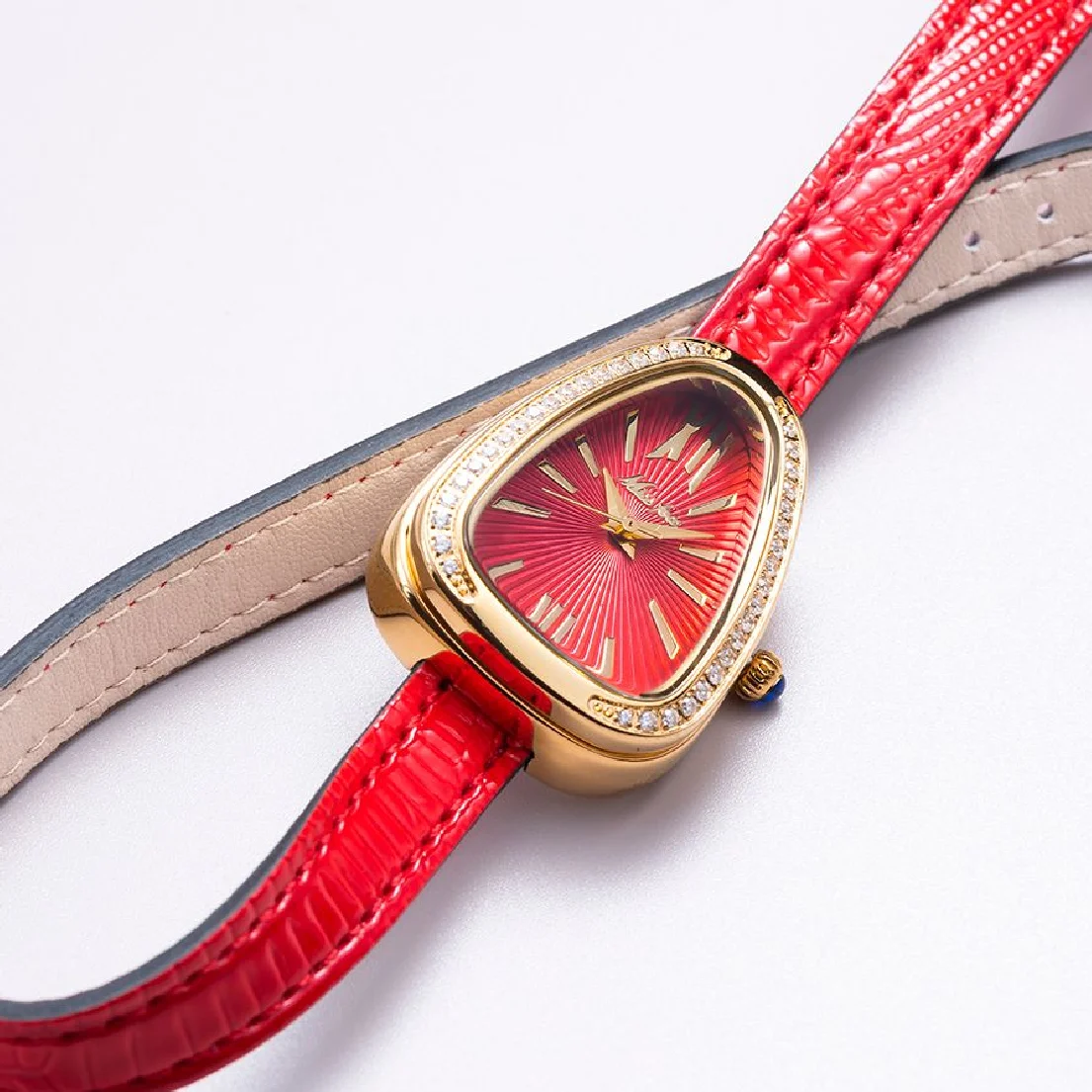 Long Leather Bracelet 18K Gold Plated Snake Bezel Japan Quartz Movement Stainless Steel 30m Waterproof Red Dial Women's Watches