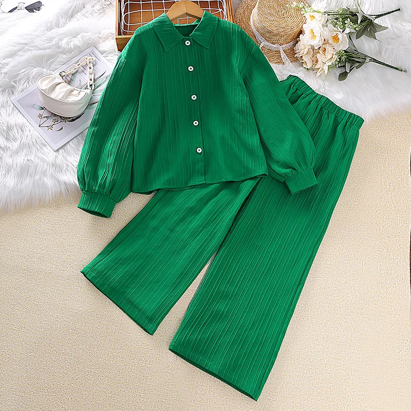 

Kids Casual Clothing Sets Outfits for Girls Autumn Children Turn-Down Collar Green Shirts Tops Long Pant 8 9 10 11 12 Years Old