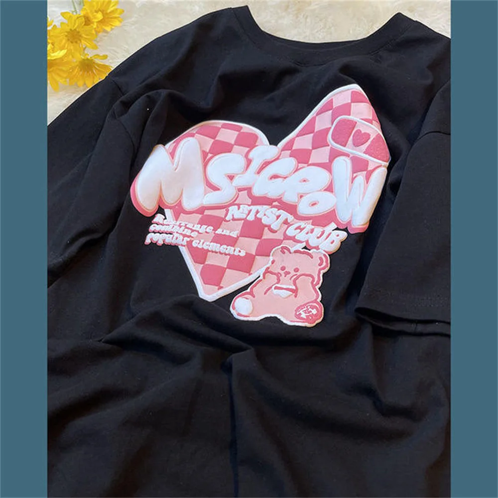 

Женская футболка с принтом милого медведя и сердца, Весенняя Корейская Свободная Женская одежда в стиле Харадзюку