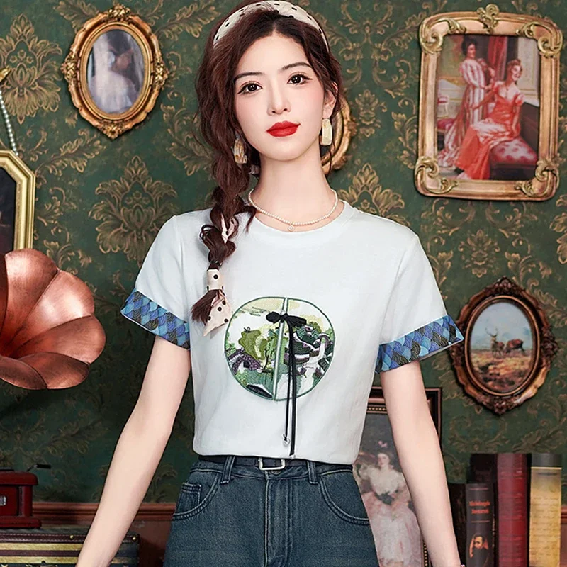 Летняя женская блузка с круглым вырезом и коротким рукавом белая бахромой