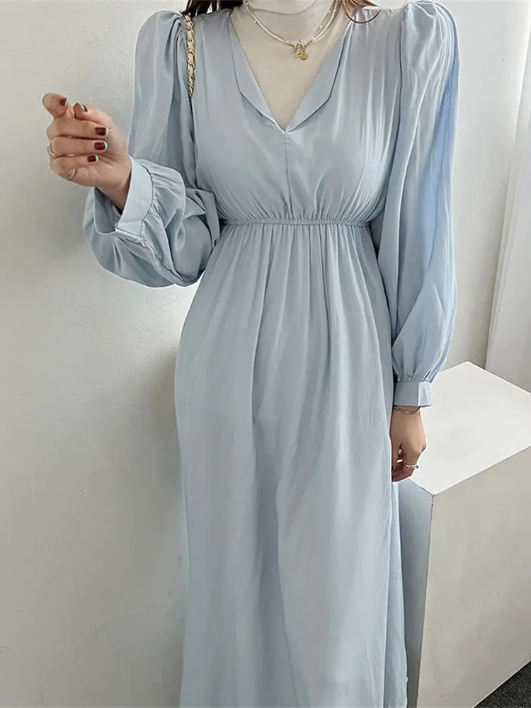 

HziriP Chic V-Neck Close Waist Long Dress Sexy Women Solid Casual High Waist 2022 Autumn Streetwear Fashion Party Daily Vestidos