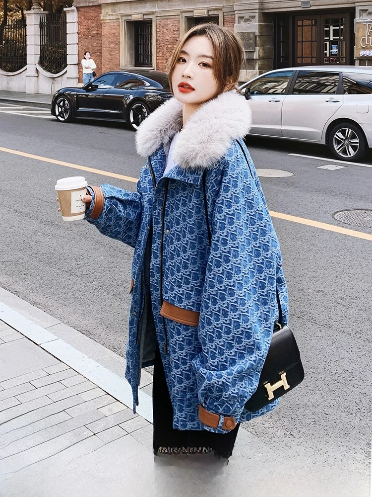 Джинсовое пальто с цветочным принтом женская зимняя утолщенная куртка Parker на