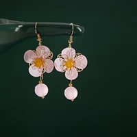 ethnic hanfu earrings for women chinese piercing earring pink flower natural stone ear rings for girl jewelry gift