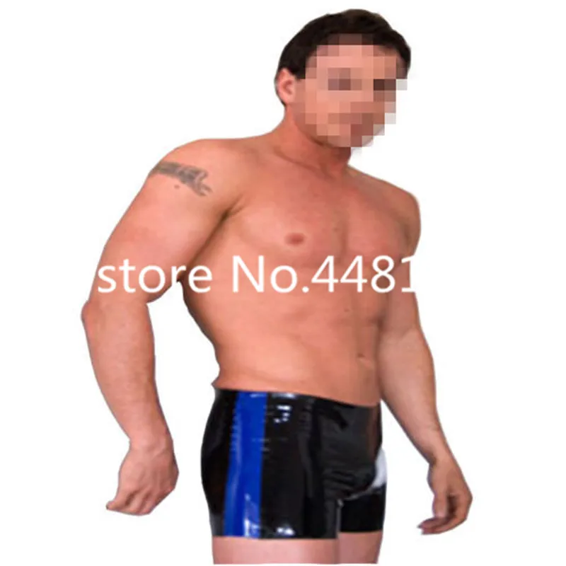 

Sexy Black Latex Rubber Boxer Panties with Blue Stripe for Men Fashion Shorts
