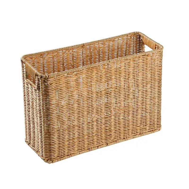 

1pc Imitate Rattan Basket Plastic Woven Basket Magazine Storage Document File Holder Handled Basket Uncovered Toiletries Holder