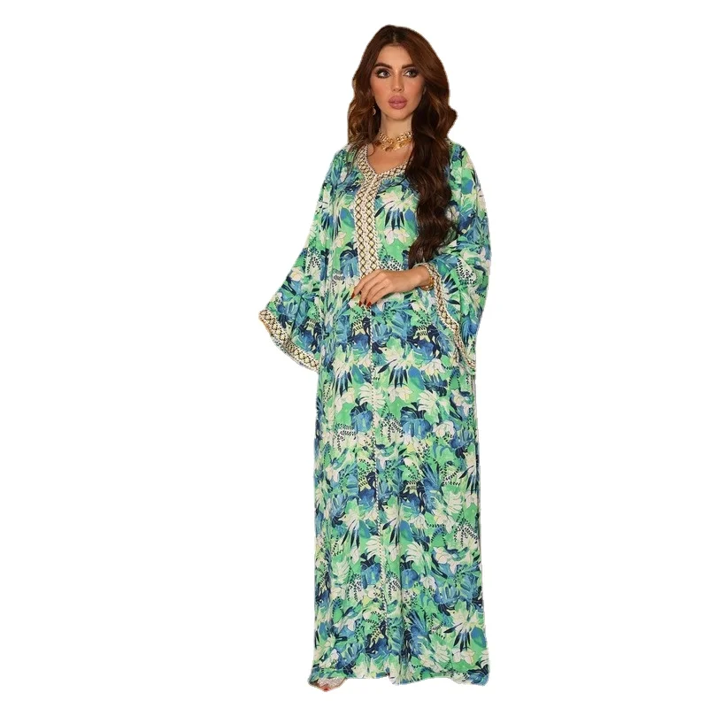 

Eid Printed Jalabiya Loose Muslim Long Arabic Dress Moroccan Kaftan Islam Abaya Dubai Party Evening Dresses Ramadan Caftan Saudi