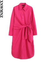 xnwmnz 2022 women fashion spring autumn cotton pink belt shirt dress female retro lapel casual chic dresses