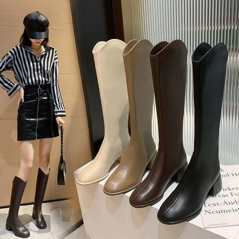 

2022 Fashion Women High Heels Long Boots New Winter Warm Knee High Boots Soft Leather Knee-High High Boots Shoes Plus Size 43