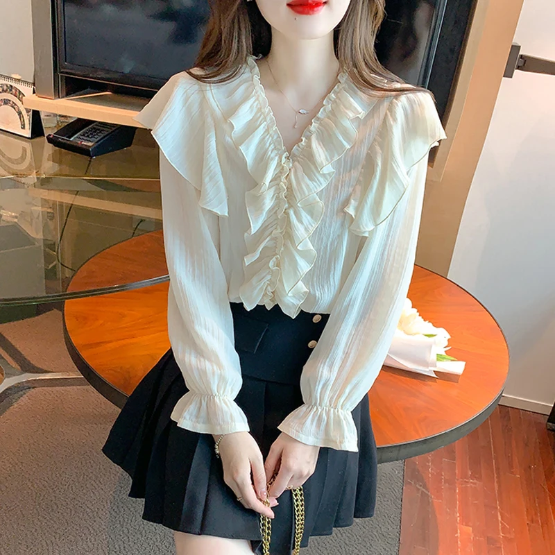 

Elegant Puff Long Sleeve Female Clothing 2023 Spring Tops Vintage V-Neck Folds Shirt Fashion Ruffles Chiffon Blouse Blusas 24568