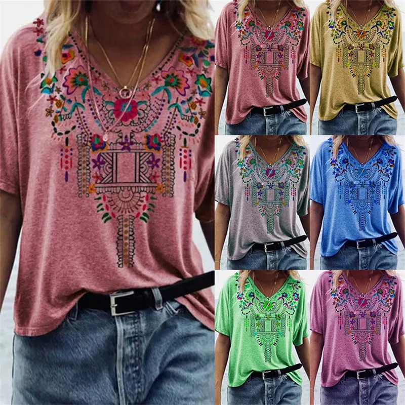 

Retro Print Multi-color Popular Women's Casual Solid Color T-shirt Short Sleeve Hot Sale Loose V-neck Oversized Street Outfit