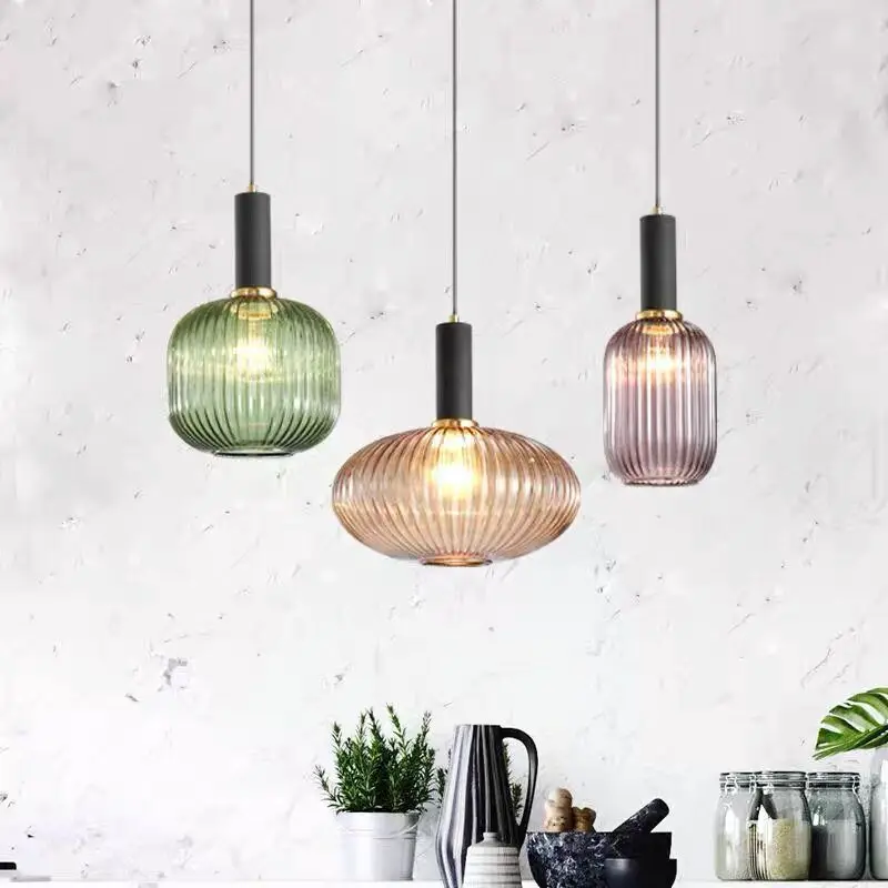 

Nordic Creative Bar Restaurant LED Pendant Lamp Modern Simple Stripe Lantern Lighting American Style Loft Glass Light Fixtures