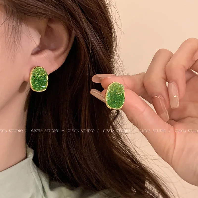 

New Design Green Crystal Geometric Drop Stud Earrings for Women Girls Fashion Party Prom Wedding Beach Jewelry Gift Accessories