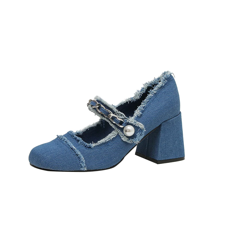 

Fashion Woman Shoes Chain Pearl Denim Blue High Heels Women's Thick Heel Pumps Mary Jane Casual Flats Zapatos De Mujer
