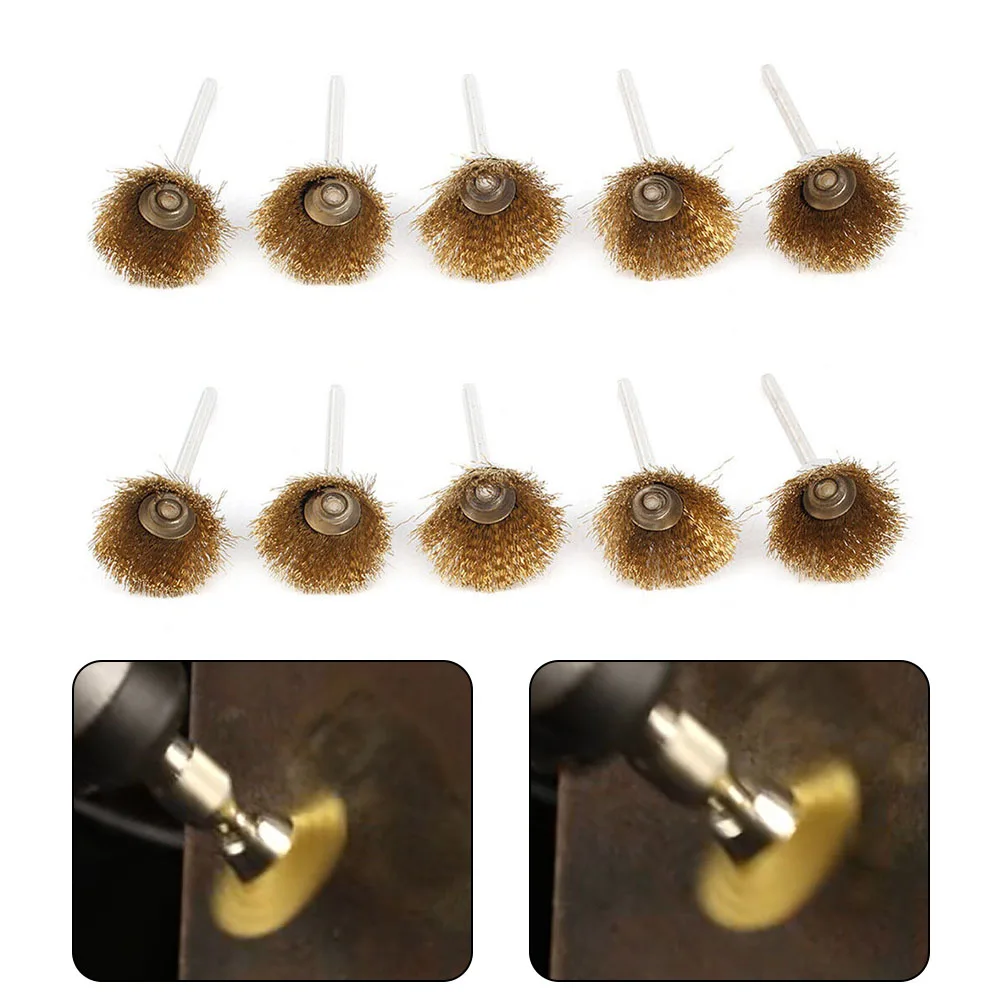 

10p Shank Carbon Steel Wire Cup Brush Brass Plated Wheel Brushes End Brush Drill Rotary Tools Metal Rust Removal Polishing Brush