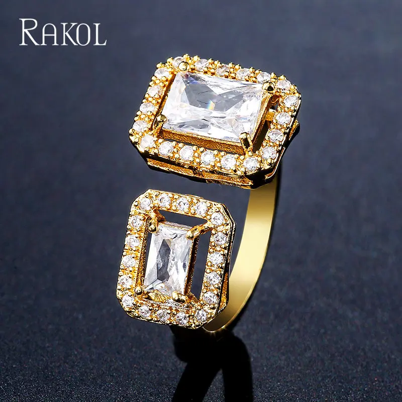 

RAKOL Square Cubic Zirconia Wedding Rings for Women 2022 Luxury Open Adjustable Ring Engagement Party Jewelry Anniversary Gift