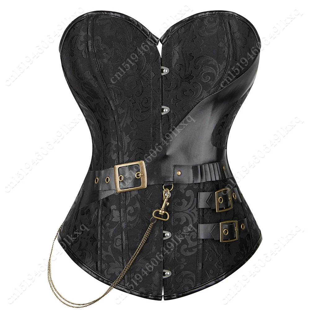 Женский винтажный корсет из искусственной кожи черный жаккардовый с цепочкой в