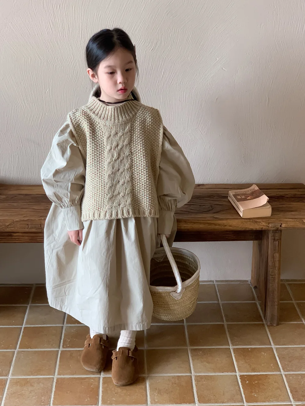 

Autumn Kids Clothes Girls Dresses Or Knitted Vest Shawl Baby Casual Dress Cotton Children's Long Puff Sleeve Princess Dress