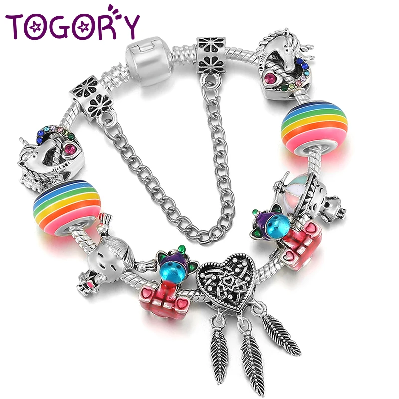 

European Style Cute Unicorn Beads Charm Bracelet With Rainbow Glass Beads Bracelets Bangles For Women DIY Jewelry Gift Pulseras