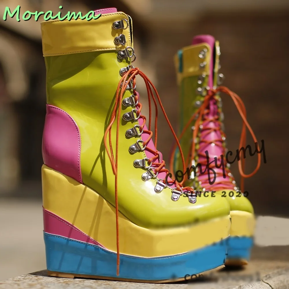 Platform Wedges Women Ankle Boots Round Toe Lace Up Mixed Colors Fashion Side Zipper Designer 2023 New Arrivals European Style