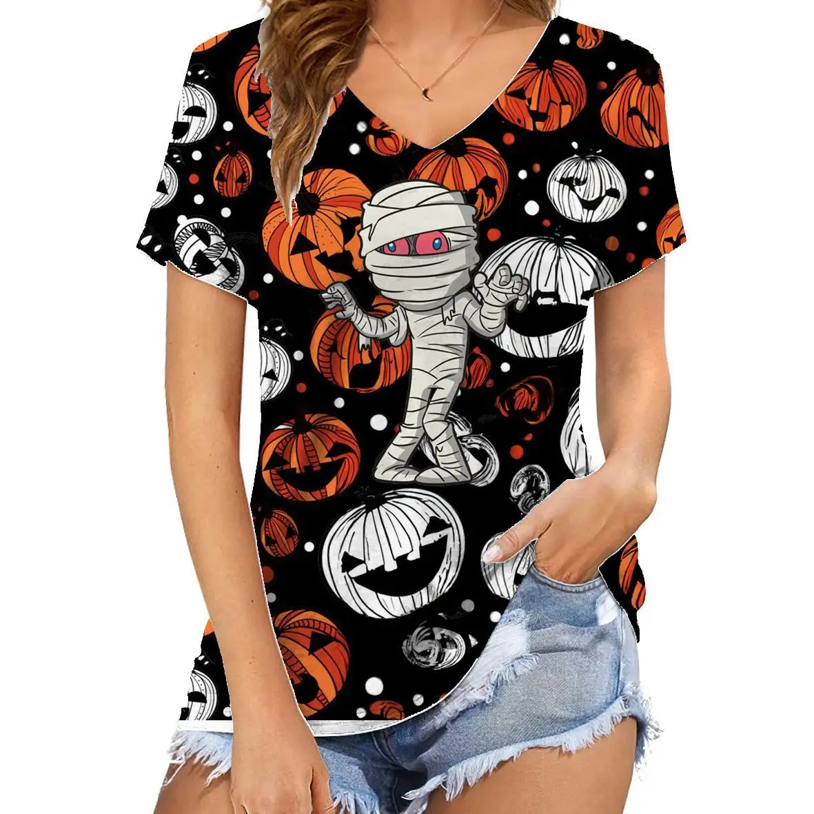 

2023 Summer Women's Clothing New Halloween 3D Digital Printing V-neck Pullover Short-sleeved Women Graphic T Shirts