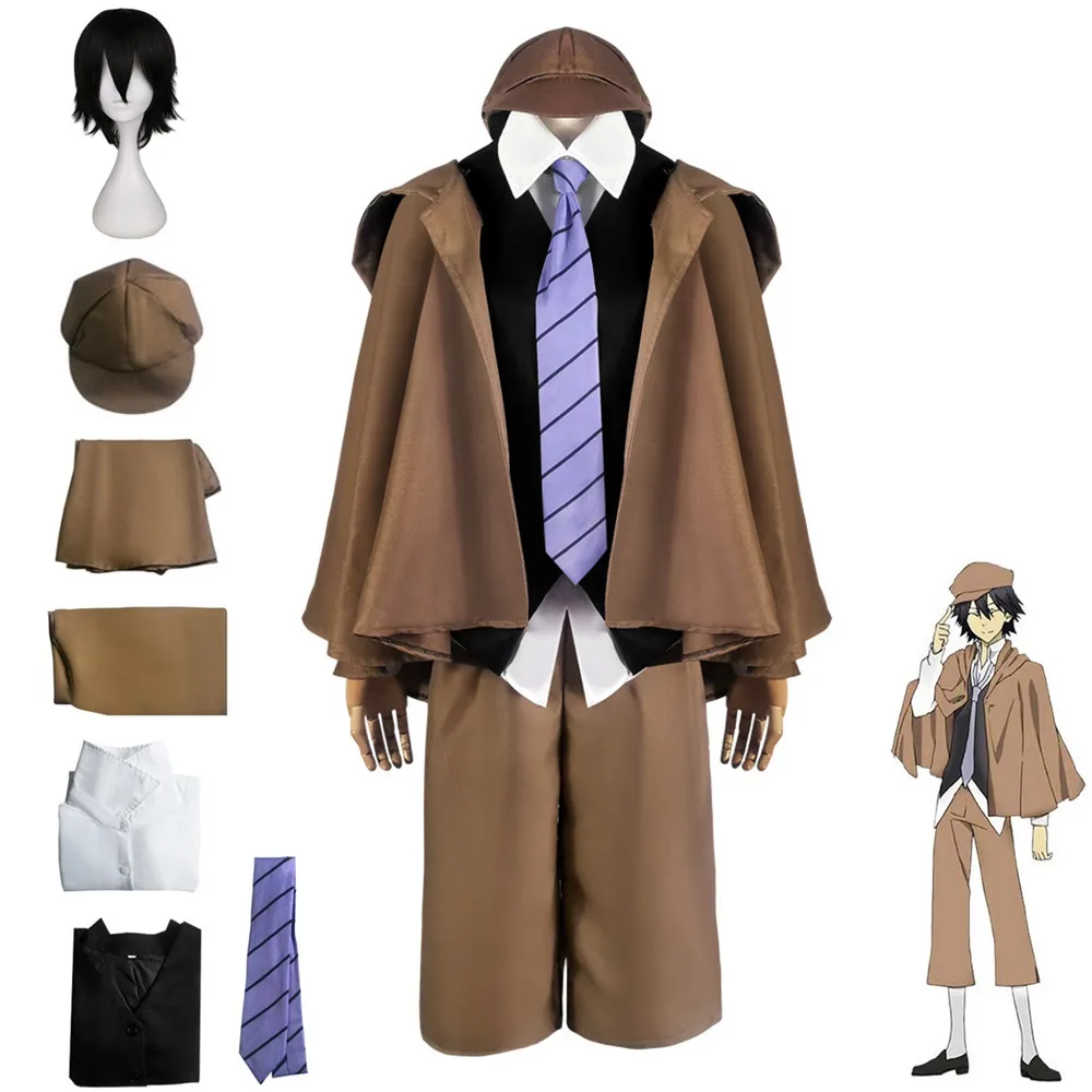 

Костюм для косплея аниме «бродячие псы», плащ рубашка с капюшоном, шапка в полоску, галстук, брюки, жилет, униформа для взрослых мужчин и женщ...