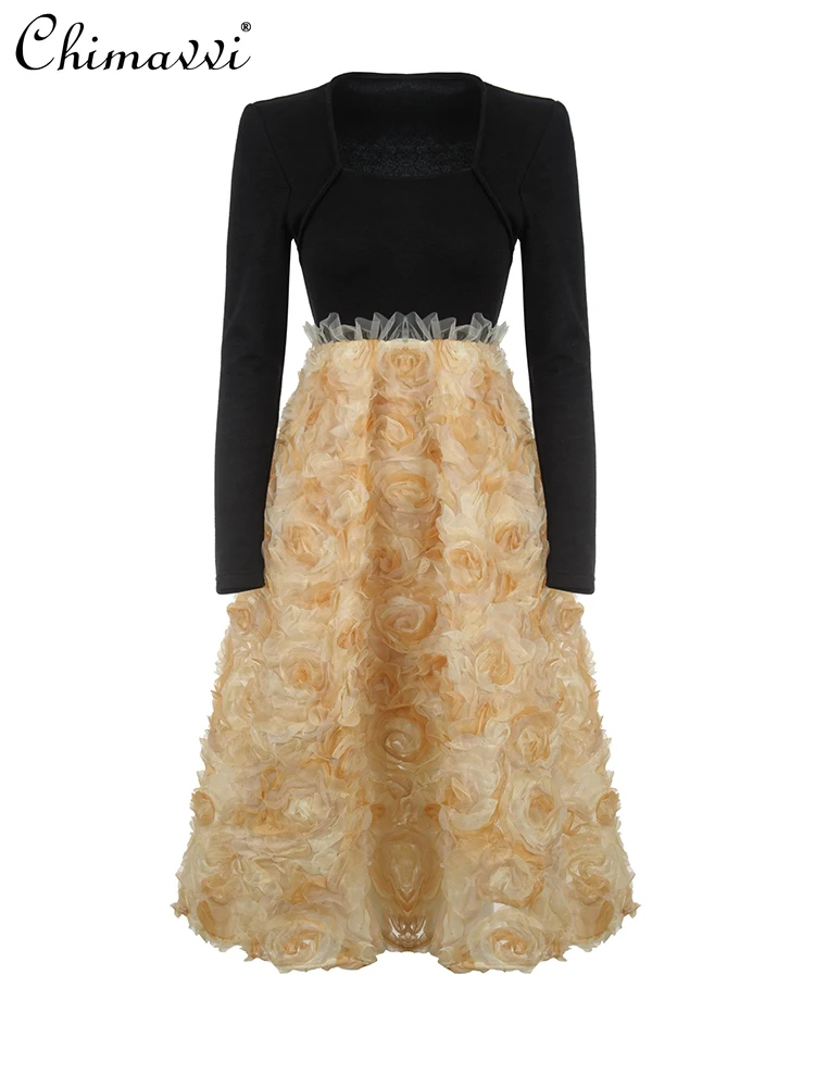 

High-End French Style Square Collar Slim Dress 2022 New Winter Clothes Woolen Mesh Stitching Contrast Color Rose Dress for Women